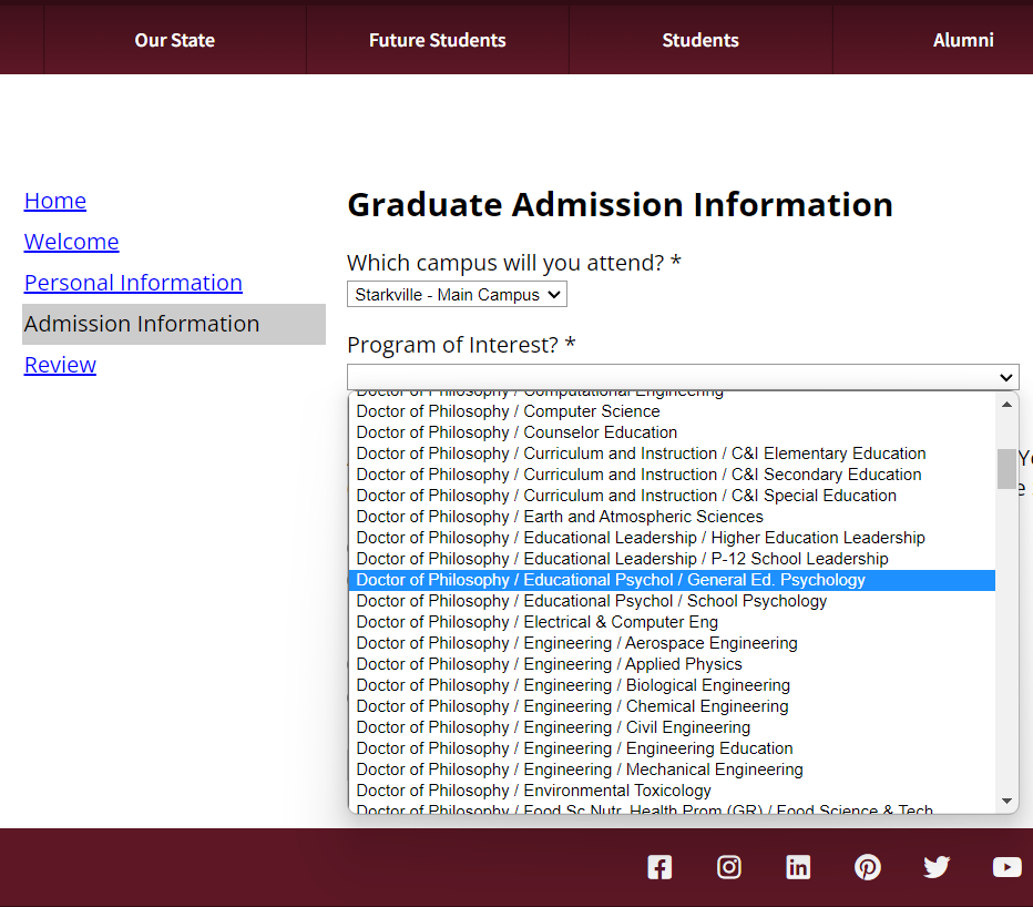 Ph.D. application screenshot